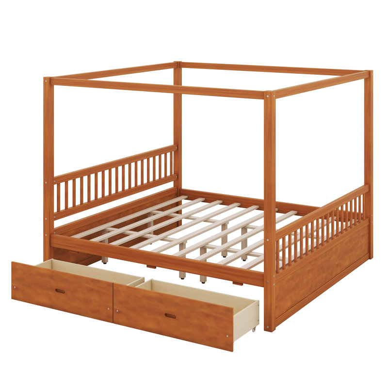 Très grand lit à baldaquin en bois avec 2 tiroirs, lit à baldaquin en bois à 4 colonnes avec tête de lit, aucun sommier nécessaire