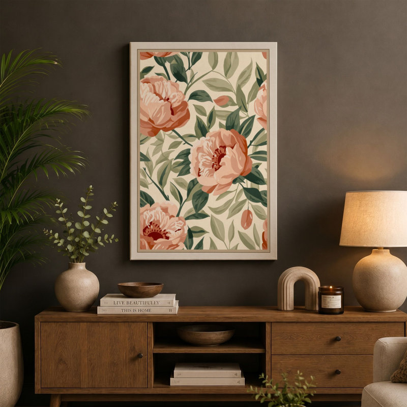Scattered Peonies Botanical - Wrapped Canvas, 36x24 - 91.4 x 61.0 cm, Terracotta Border