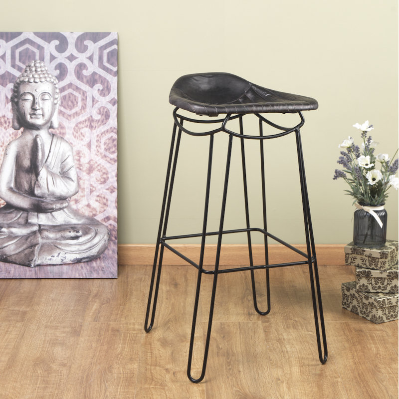 Splendora 76cm Bar Stool - Hand Stitched Leather Seat - Steel Metal Frame, Black, Black