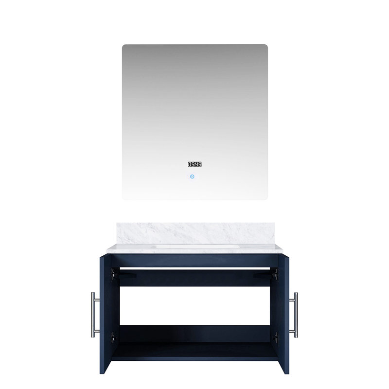 Meuble-lavabo de salle de bain bleu marine avec comptoir en marbre Miroir à DEL - fermeture en douceur, teinture rayée, surface de rangement spacieuse