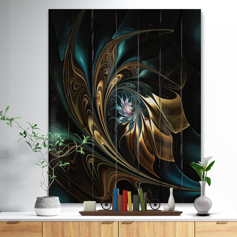 Fleur noire dorée moderne - art mural fleur fractale, impression avec fleur noire, H 40 po x l 30 po, Métal