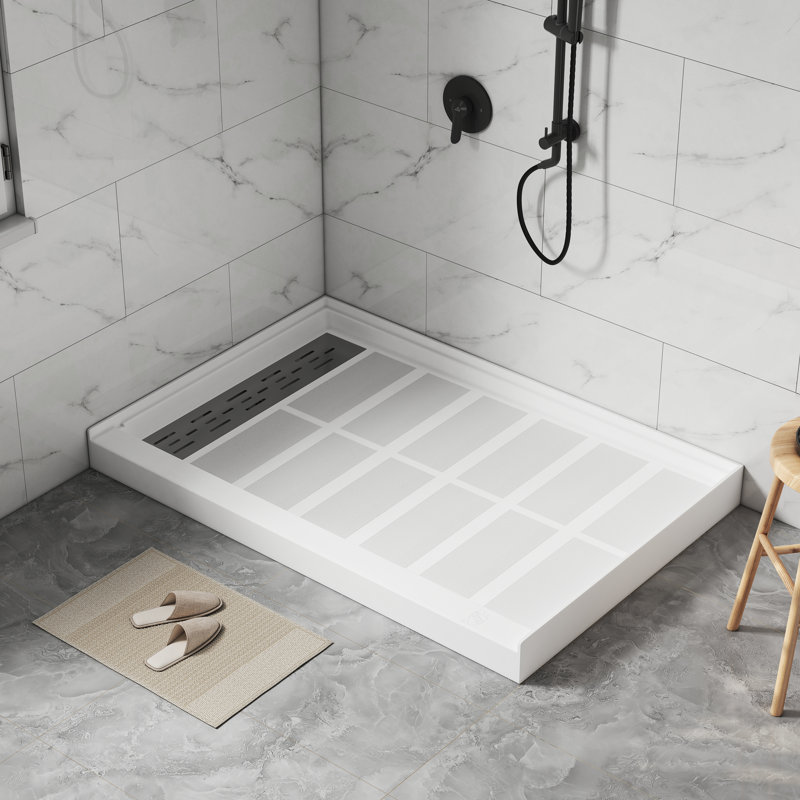 Base de bac de douche à seuil simple SMC l 48 po x P 32 po avec ensemble de drain et couvercle de drain, antidérapant, Gauche