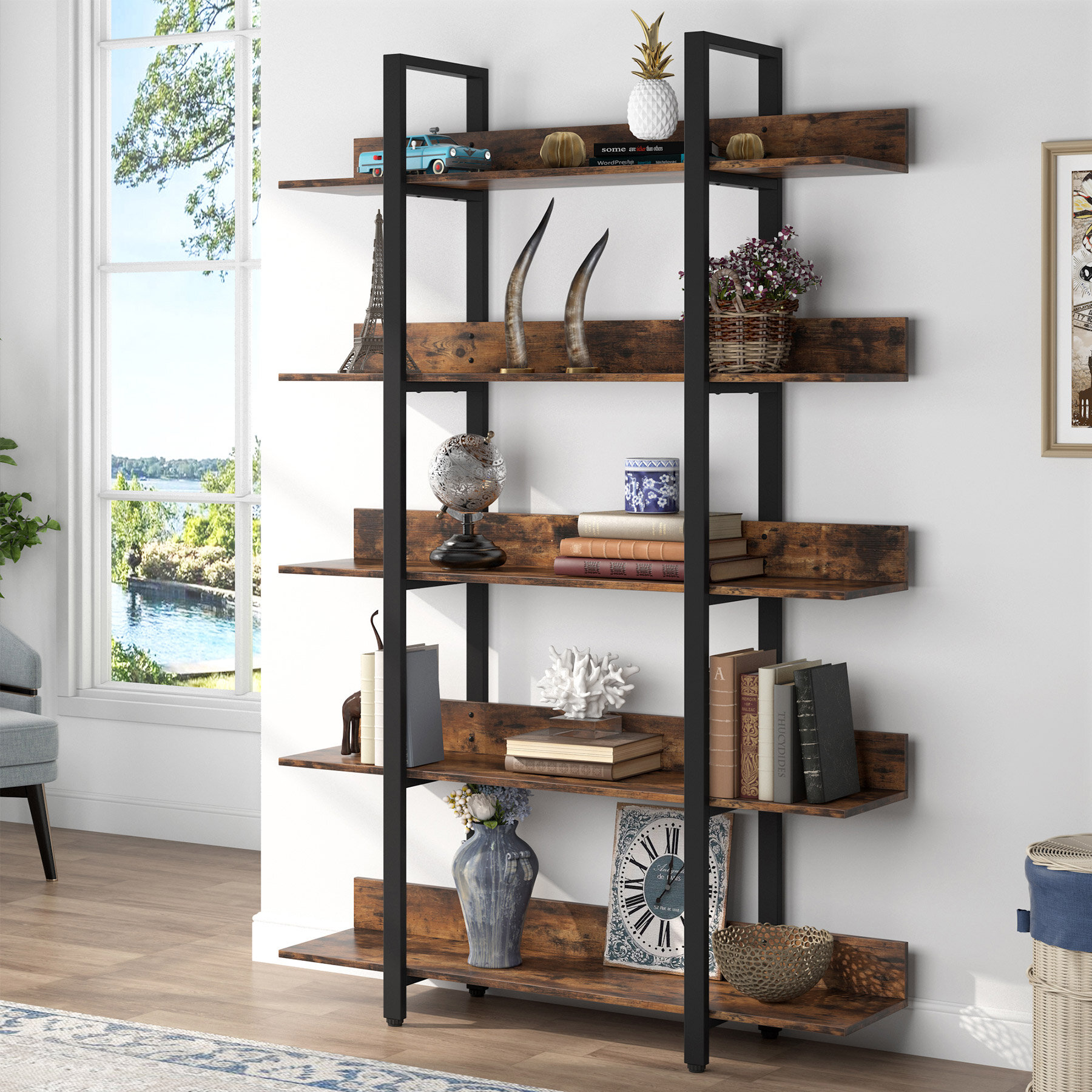 17 Stories Oscer Bookshelf Industrial 5 Tier Etagere Bookcase Bookshelves  for Living Room, Bedroom & Reviews