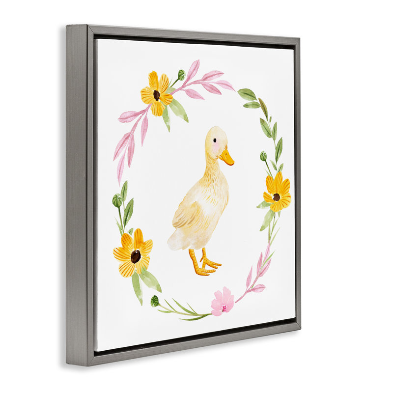 «Duckling with Daisy Wreath», art mural sur toile par Enya Todd, Cadre flottant gris lustré, H 18 po x l 18 po x P 1,7 po