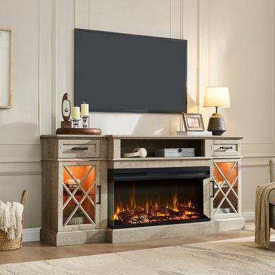  70" Farmhouse Electric Fireplace TV Stand for TVs Up to 80" with Glass Door Cabinets & Timer