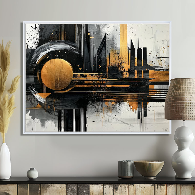 «Dark Transition Golden Shifting Horizons I», art abstrait transitionnel de formes modernes, Impression encadrée flottante