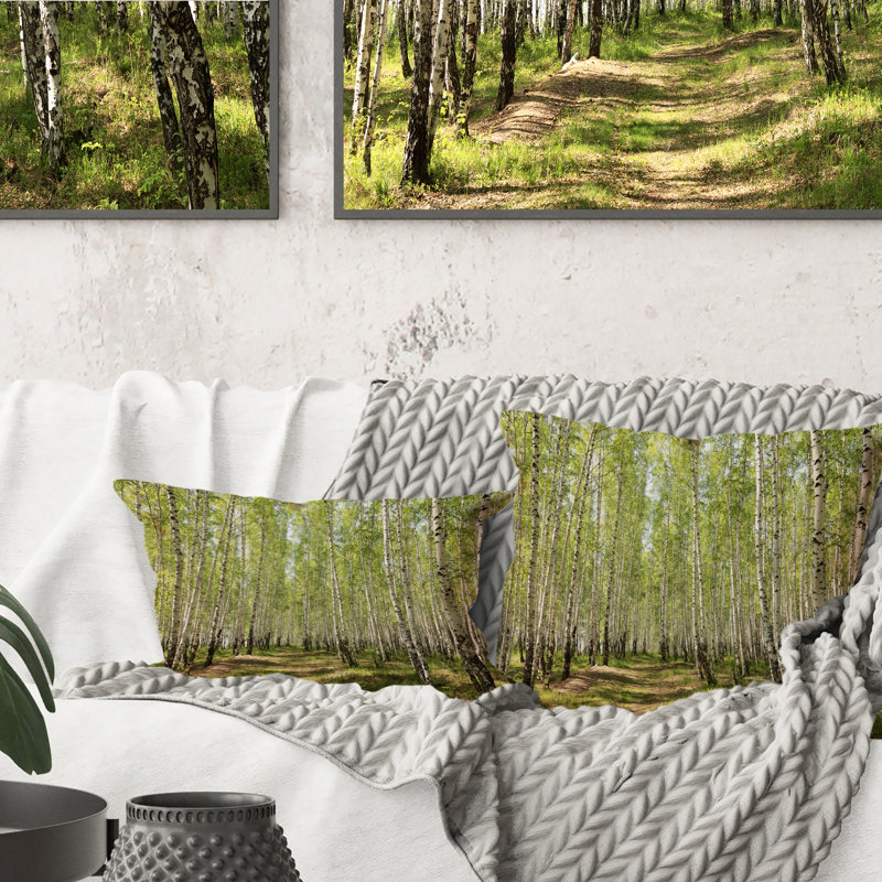 Coussin décoratif imprimé à la lumière du soleil à travers le bouleau vert, 16 po x 16 po