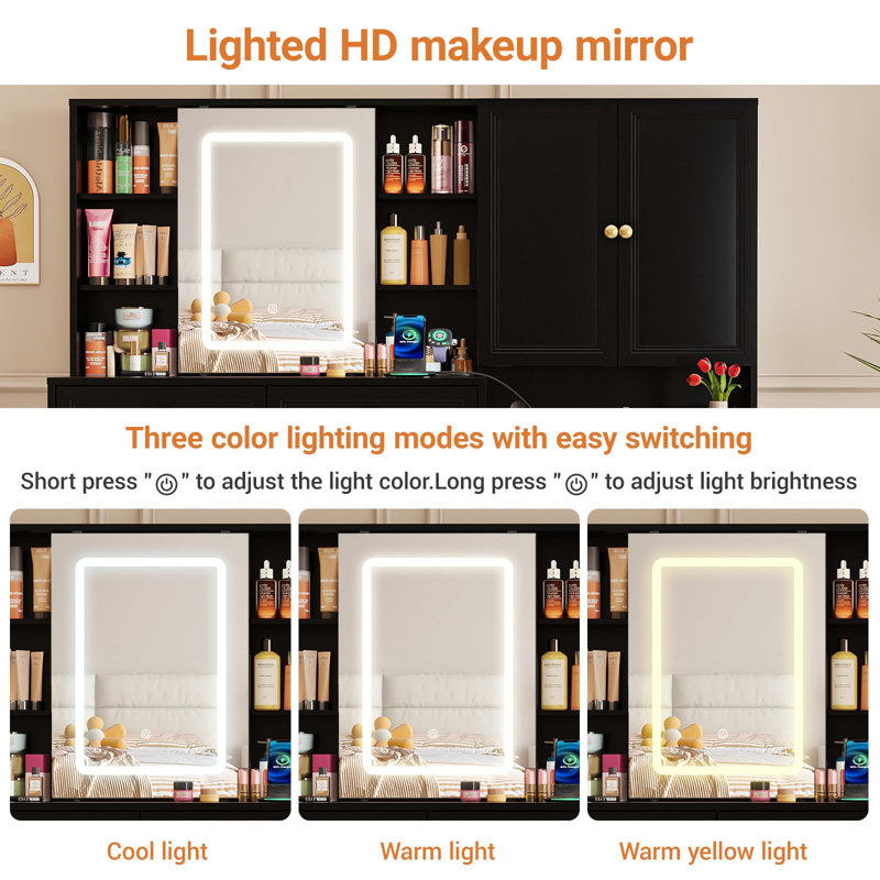 58.6" Large Vanity Desk With Sliding Mirror & Lights, Black