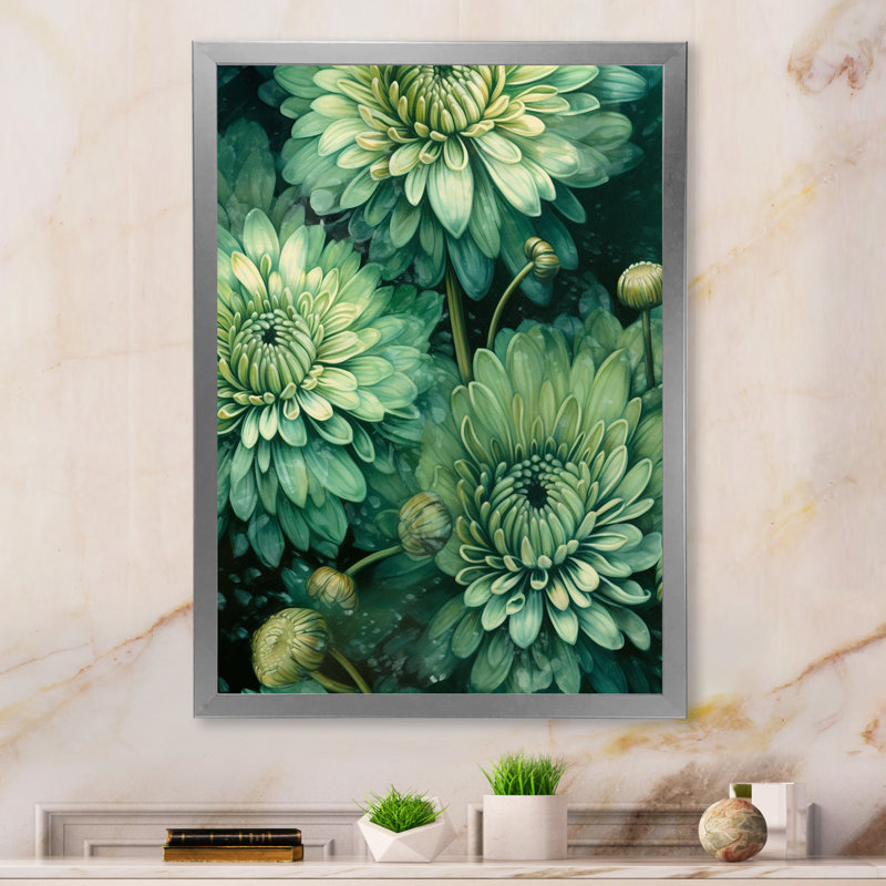 «Chrysanthemums Natures Melody I», reproduction sur toile, Cadre simple argenté, H 32 po x l 24 po x P 1 po