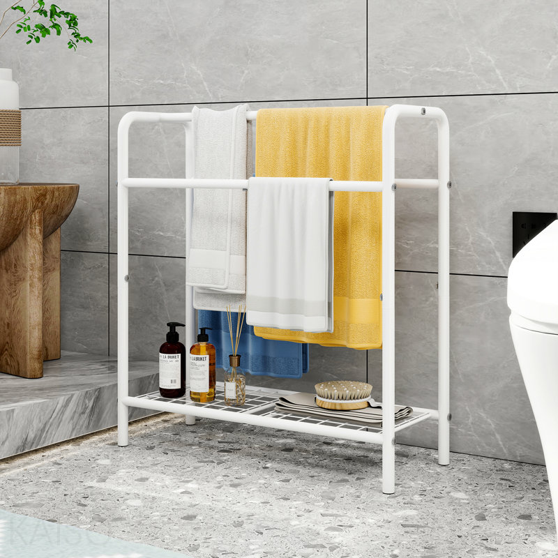 Porte-serviettes en métal à 3 niveaux, porte-serviettes autoportant pour la salle de bain, économise de l'espace avec rangement, présentoir pour la chambre à coucher, la salle de bain, la piscine, blanc