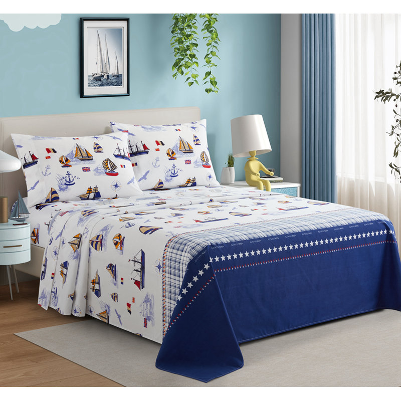 Ensemble de draps en coton imprimé à motif de bateau à voile pour enfant 4 pièces Marina, Nautique