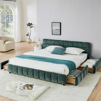 Lit confortable tapissier très grand avec tête de lit et tiroirs de rangement, idéal pour une chambre à coucher relaxante