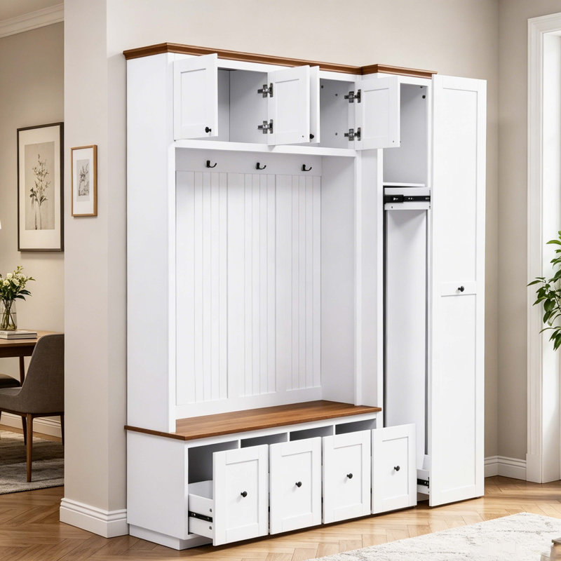 Farmhouse 5-in-1 Entryway Hall Tree with Storage Bench, Coat Rack, Cabinets, Drawers and Hooks for Mudroom, White