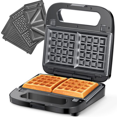 3-in-1 Waffle Maker, Grill & Sandwich Press – Removable Non-Stick Plates, Panini Press, Perfect for Grilled Cheese, Burgers & Steaks (Black & Stainless Steel)