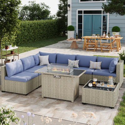 7 Pieces Design-Oriented Rattan Patio Conversation Sets With Fire Pit