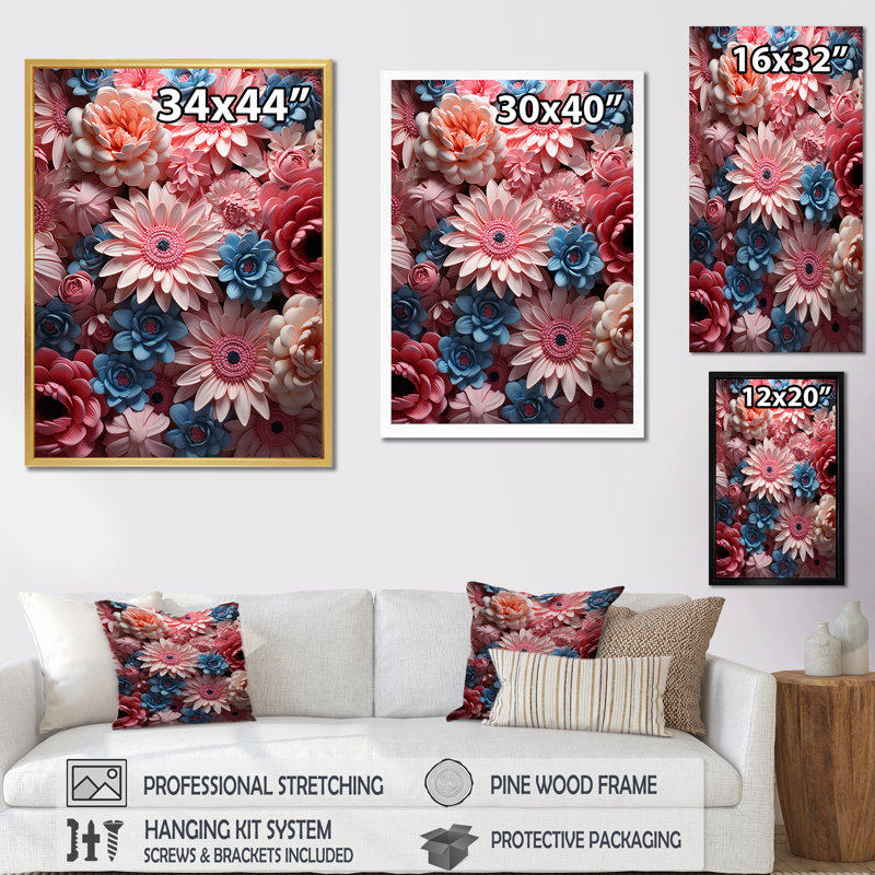 Harmonie de marguerites roses sur toile, Cadre flottant blanc, H 32 po x l 24 po