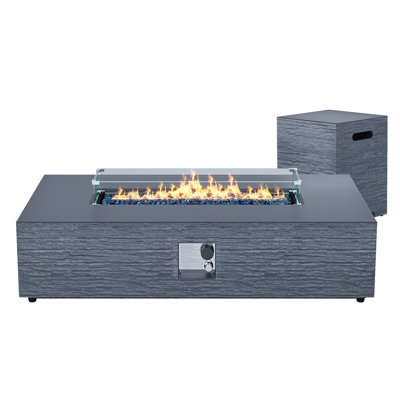  56" Rectangular Outdoor Magnesium Oxide Fire Pit Table with Gas Tank Cover, Wind guard, Dark Gray
