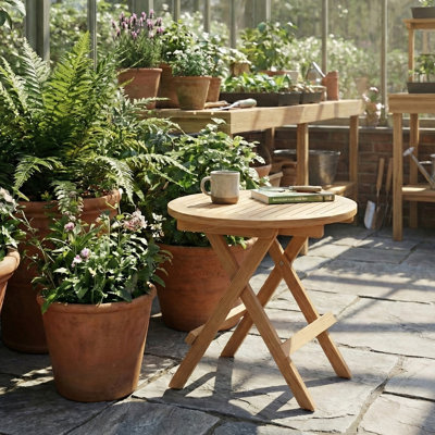 Teak Outdoor Table Round Folding Patio Side Table