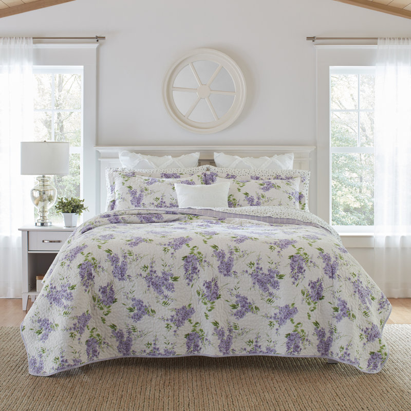 Laura Ashley Keighley Cotton Reversible Purple Quilt Set, Full/Queen Quilt + 2 Standard Shams
