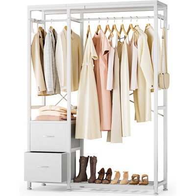 Rylaey 47.24'' Metal Clothes Rack, Heavy Duty Garment Rack for Hanging Clothes, Industrial Clothing Racks with Shelves, 2 Fabric Drawers, 4 Hooks, 2 Hanging Rods, Freestanding Closet Organizer