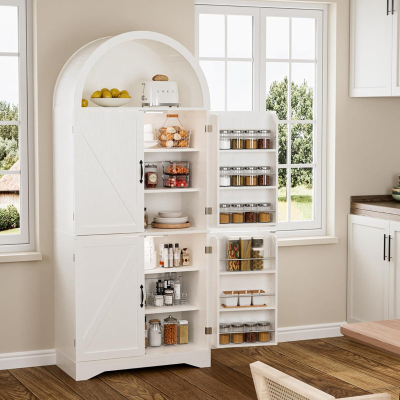 Garde-manger arqué, armoire arquée de 70 po de hauteur avec tablettes réglables et lumières à induction à 3 couleurs, armoires de cuisine, armoire avec portes de grange pour la cuisine ou le salon, blanc