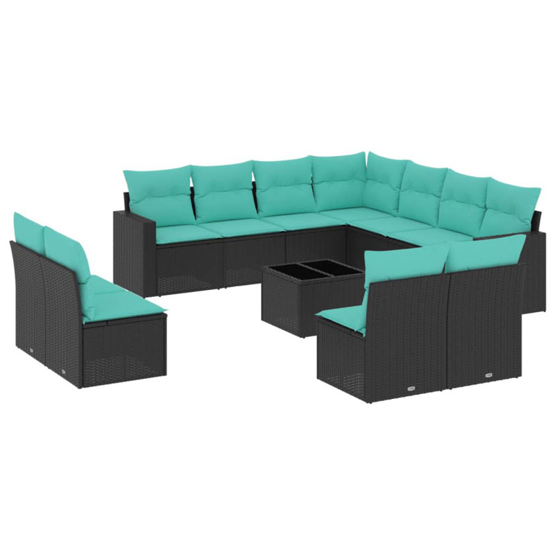 Ensemble de canapé de patio 12 pièces avec coussins en rotin de polyester, Bleu clair, Noir