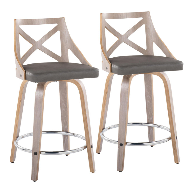 Tabouret de comptoir à hauteur fixe avec pivot en bois gris clair et similicuir gris avec repose-pieds rond en métal chromé - ensemble de 2