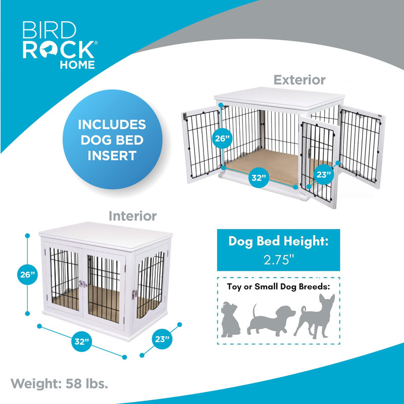 BirdRock Home 32 Inch Dog Crate Furniture  with Cushion for Medium Dogs (White), White