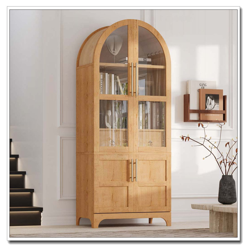 71″ Tall Arched Kitchen Pantry Cabinet with Door Shelves and Hidden Drawer, Natural