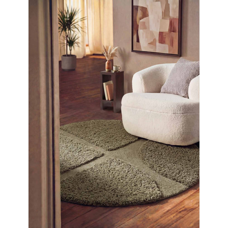 Geometric Hand Tufted Shag Area Rug, Round 150 cm, Green