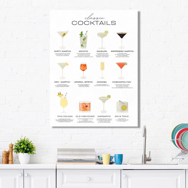Recettes de cocktails classiques - Art mural de salon, cocktails, H 40 po x l 30 po, Toile tendue