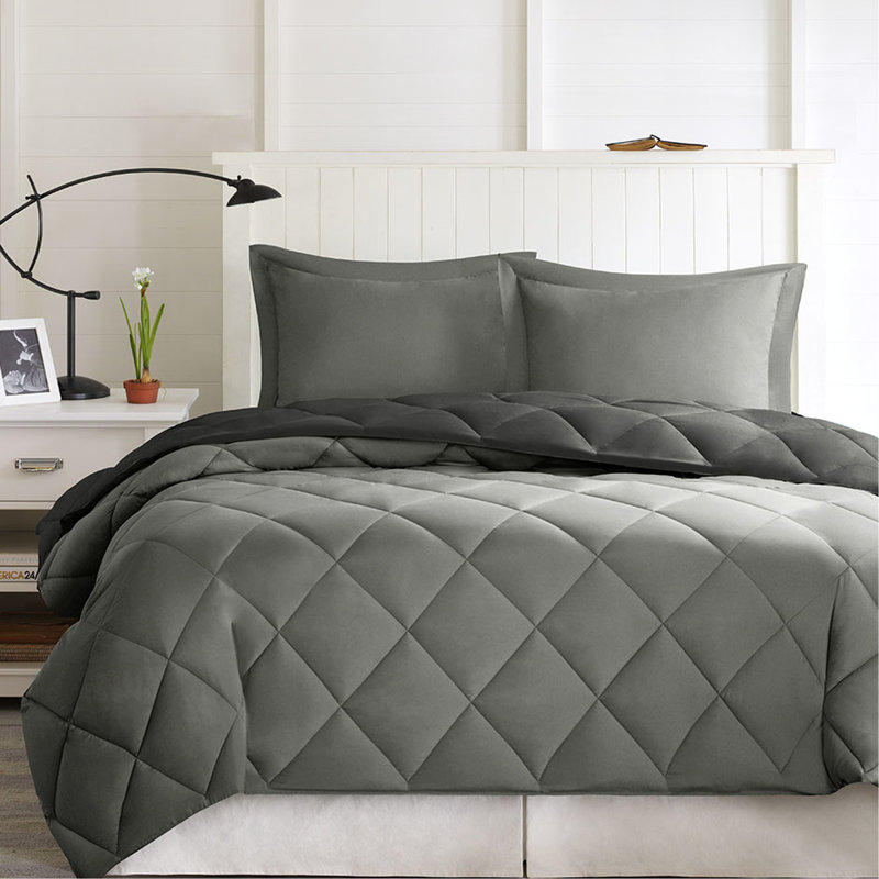 Édredon doux et simple / simple TG avec taies de fermeture à glissière cachées 3M et diamant chaud alternatif, Noir/gris