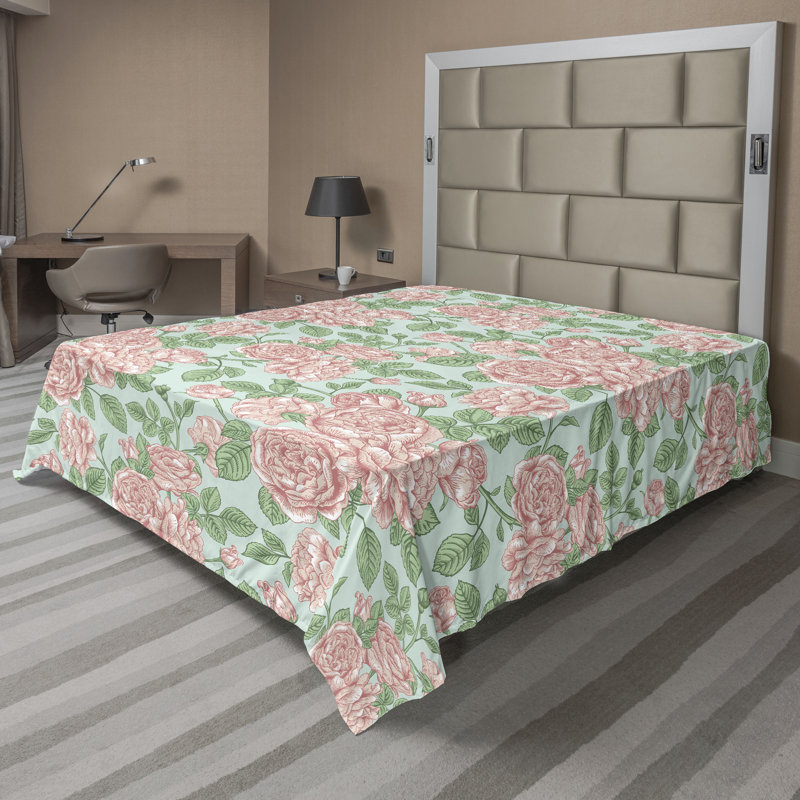 Ambesonne, drap plat floral pivoines, art botanique printanier, Saumon pâle, vert fougère / floral