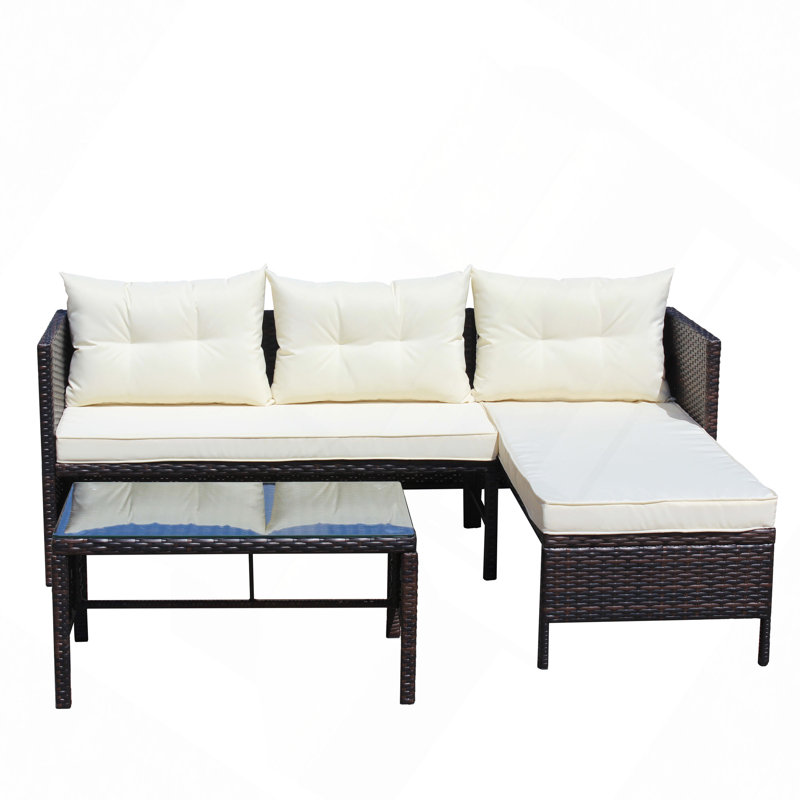Canapé modulaire d'extérieur en osier 3 pièces avec conversation, Blanc