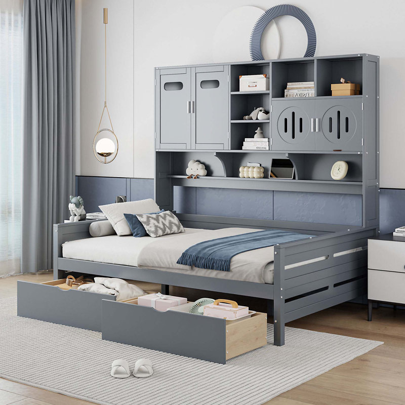 Wooden Daybed With 2 Drawers,And All-In-One Cabinet And Shelf, Gray, Full/Double