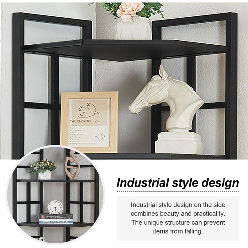Black Tall Industrial Corner Bookshelf with Adjustable Shelves