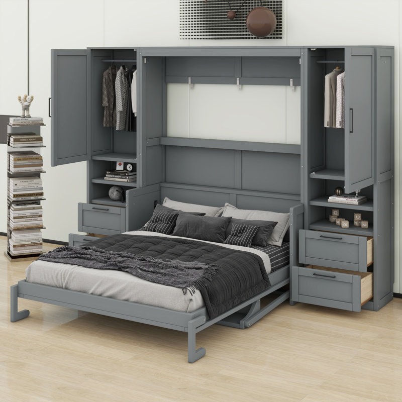 Lit escamotable moderne avec tiroirs de rangement, Gris