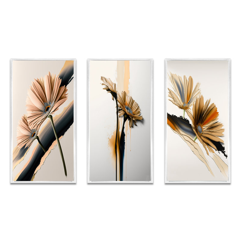 «Hyperrealistic Gerbera Flowers», 3 pièces sur toile, Blanc, H 32 po x l 48 po