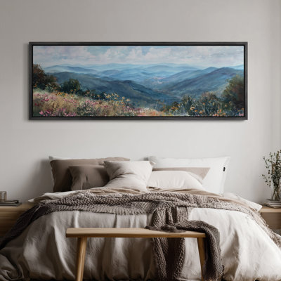 Serene Blue Mountain Landscape with Wildflowers Scenic Framed Print Wall Art