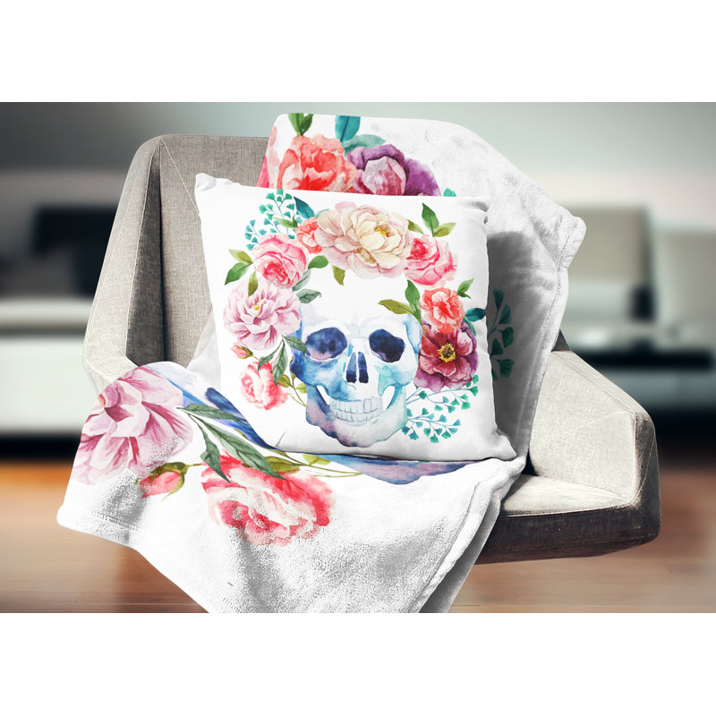 Art en forme de crâne de bouquet - Coussin décoratif imprimé contemporain, 18 po x 18 po, Carré