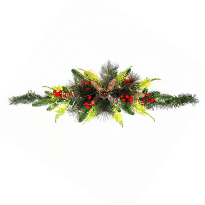 Décoration de boîte aux lettres de Noël pré-illuminée, ornement artificiel de 100 cm avec lumières DEL blanc chaud, pommes de pin, baies rouges et feuilles de houx, branche de verdure artificielle pour boîte aux lettres, porte d'entrée et décoration extérieure de Noël