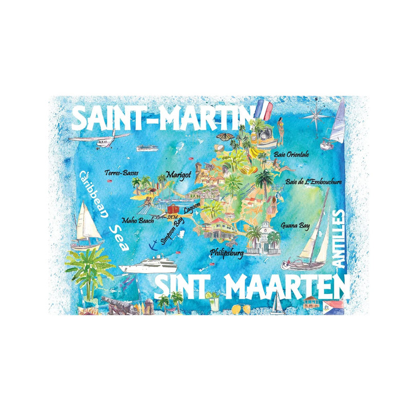 Saint-Martin Sint Maarten Antilles Illustrated Caribbean Map with Highlights of West Indies Island Dream by Markus & Martina Bleichner - Wrapped Canvas Graphic Art 1 Piece Wrapped Canvas Wall Art