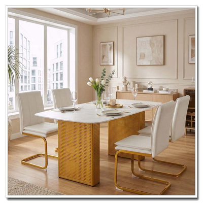 Modern Rectangular Tempered Glass Dining Table with Marble Pattern