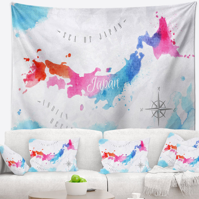Tapisserie aquarelle carte japon Abstract, H 32 po x l 39 po