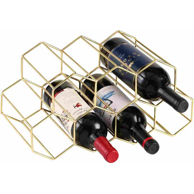 9-Bottle Countertop Wine Rack, Honeycomb Metal Wine Holder For Red & White Wines, Standing Bottle Organizer For Home, Kitchen, Or Bar, Gold