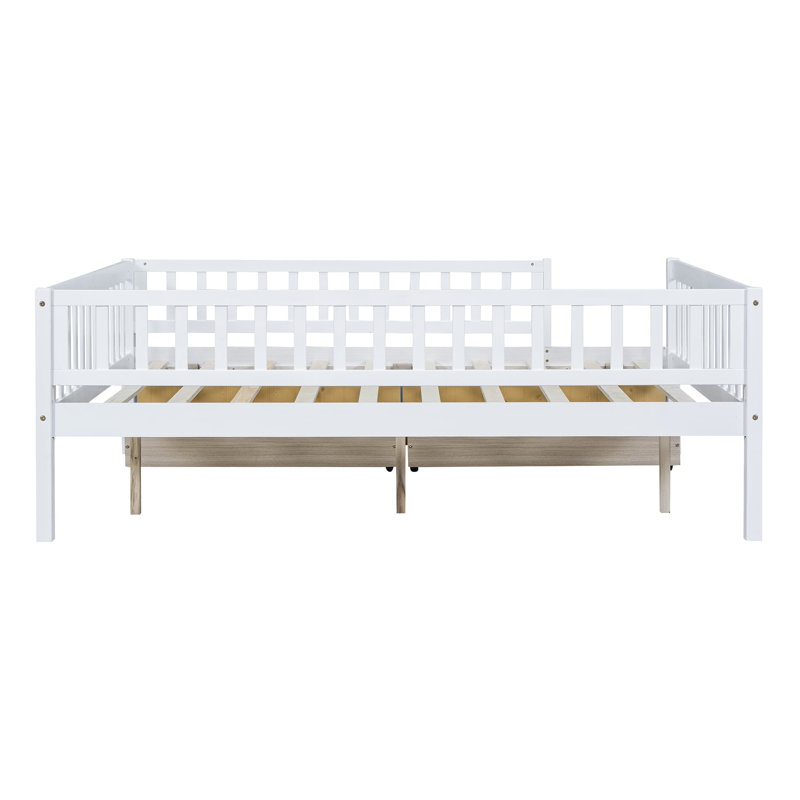 Lit de jour double avec deux tiroirs, cadre de lit double en bois pour enfants avec rangement et rails, aucun sommier nécessaire, assemblage facile (blanc)