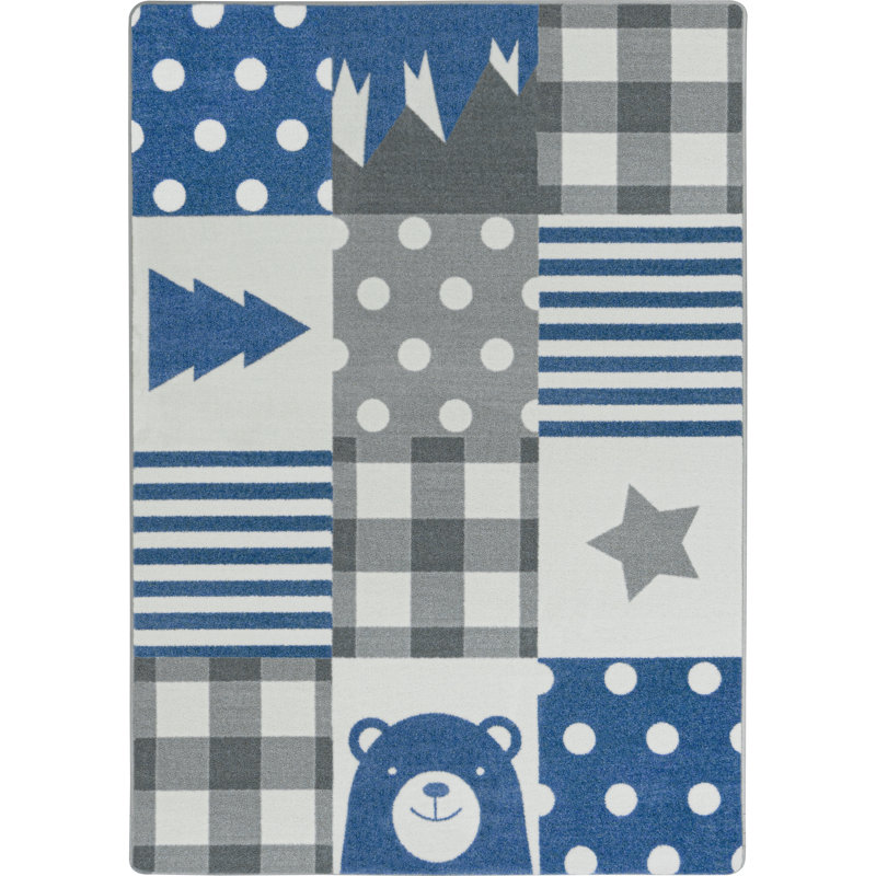 Tapis bleu / gris / blanc touffeté en patchwork, Rectangle 7 pi 8 po x 10 pi 9 po