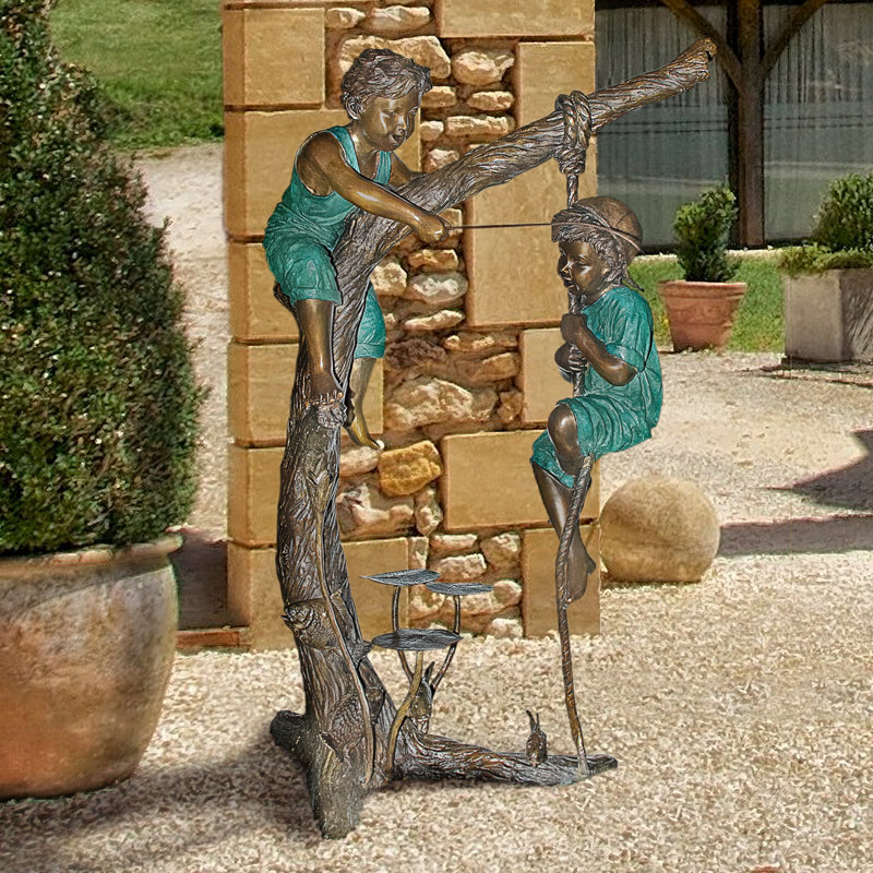 Frolicking Fisherman Two Boys on a Tree Cast Bronze Garden Statue