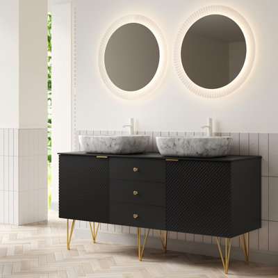 60" Modern Freestanding Bathroom Vanity With Dual Volakas Marble Vessel Sinks, Black Fluted Cabinet With Gold Legs & Sintered Stone Countertop – Pre-Assembled