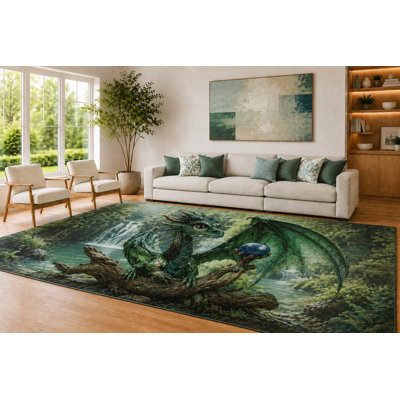 Tapis grand dragon vert forêt et bleu sarcelle «Ultra Léger» 6 pi 7 po x 9 pi 10 po pour le salon, tapis doux à poils courts avec envers en silicone antidérapant, décor pour la chambre à coucher et le bureau personnel